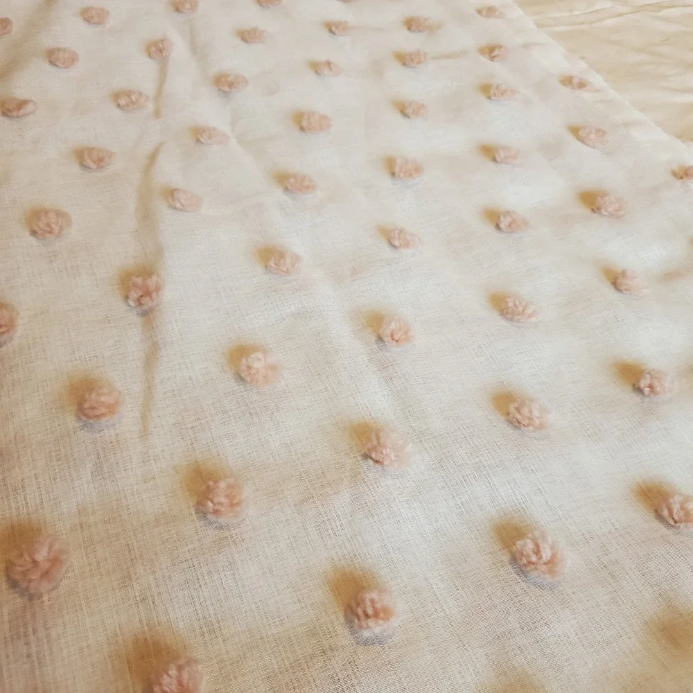 2 Piece Sheer White Valance Set with Blush Pink Tufted Pom Poms Rod Pocket